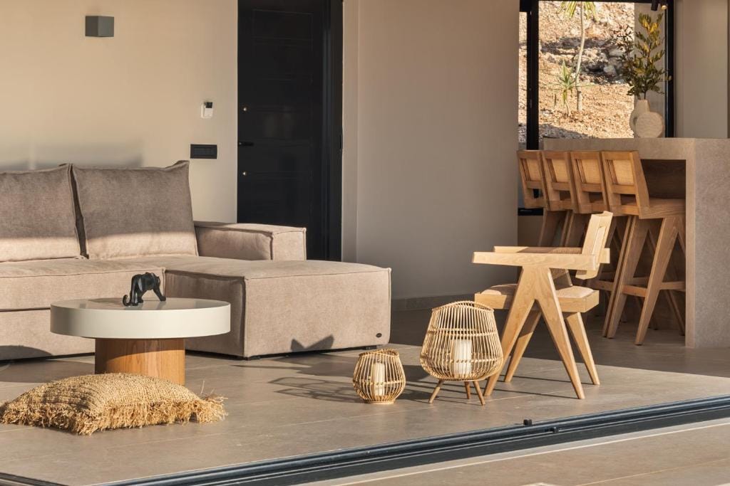 a living room with a couch and a table