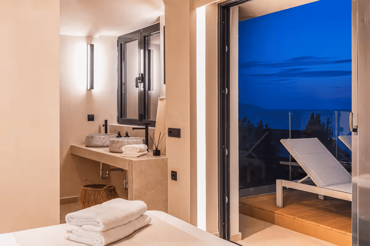 a bathroom with a large window