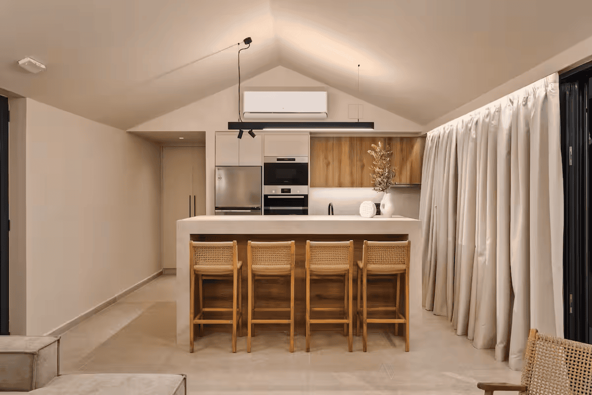 a kitchen with a dining table