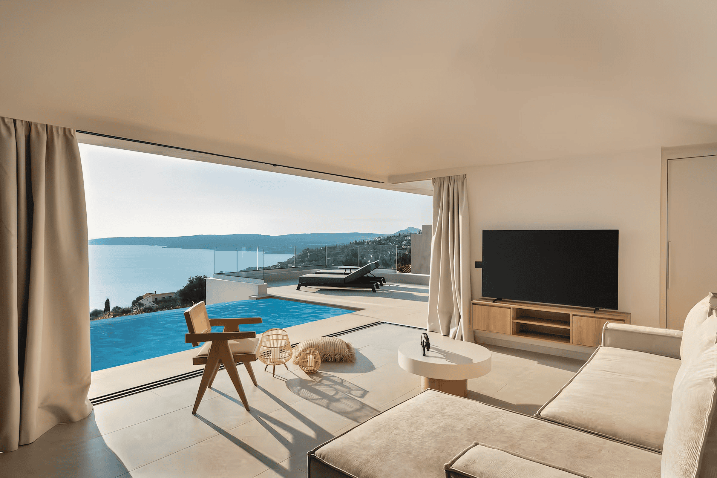 a living room with a pool
