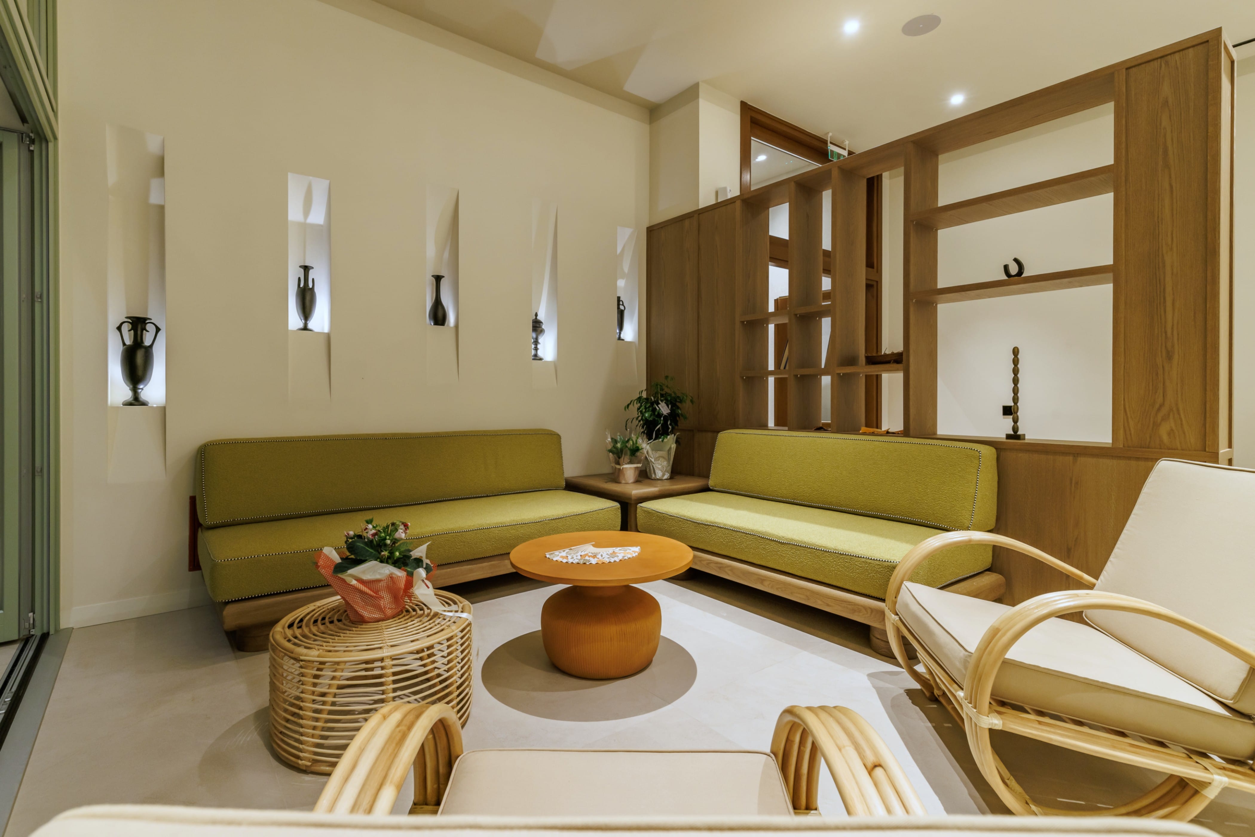 a living room with a couch and a table