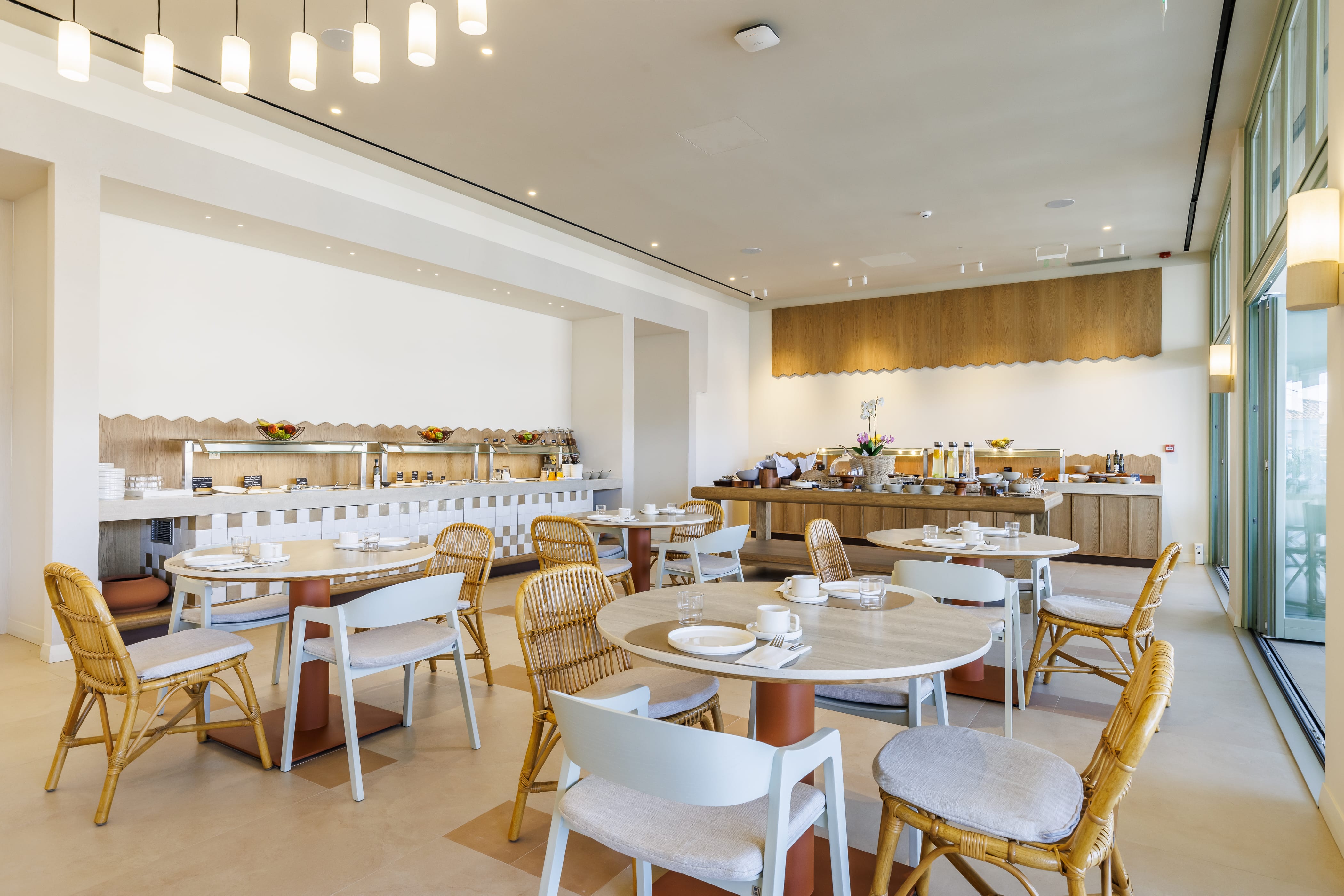 a room with tables and chairs