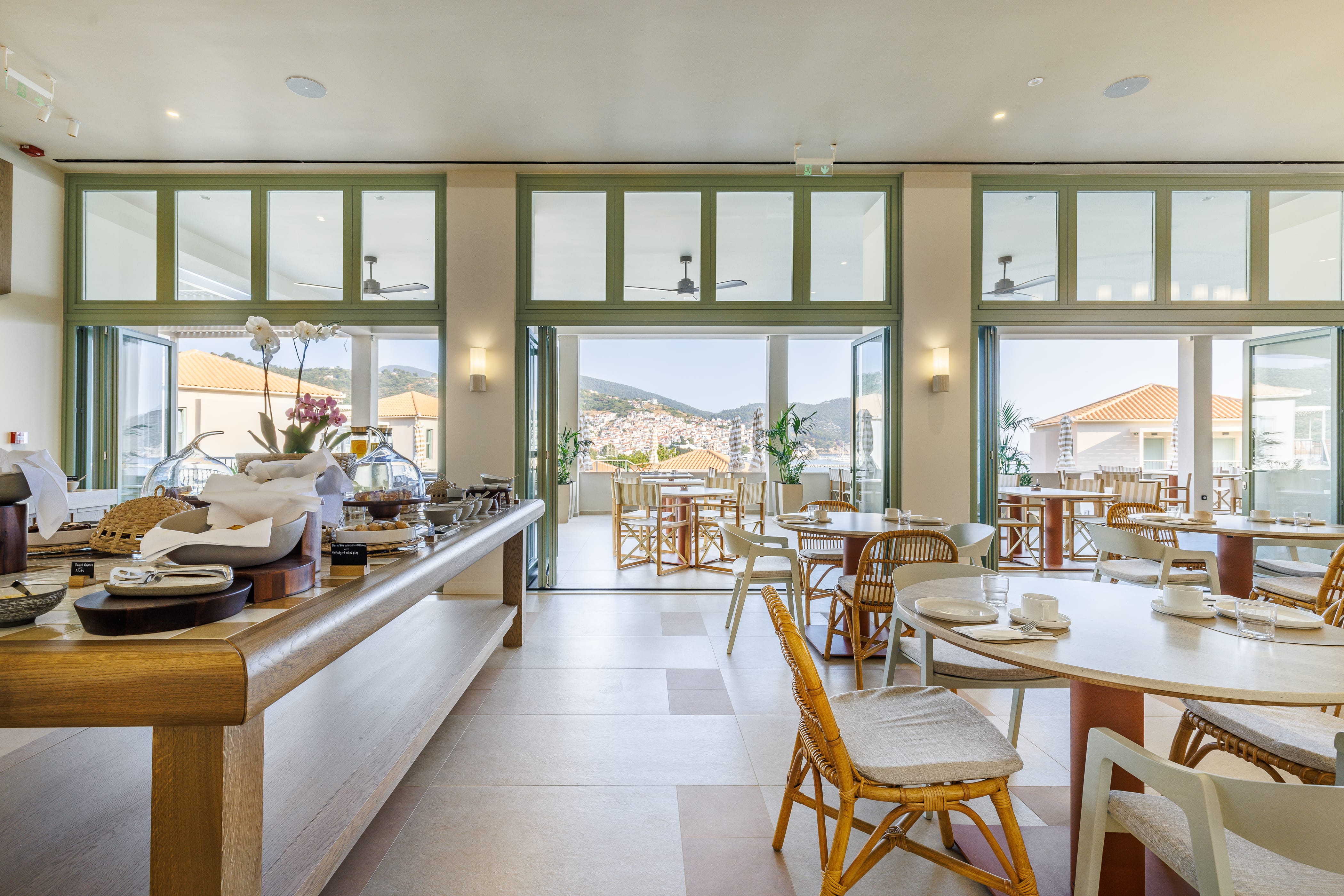 a large room with tables and chairs