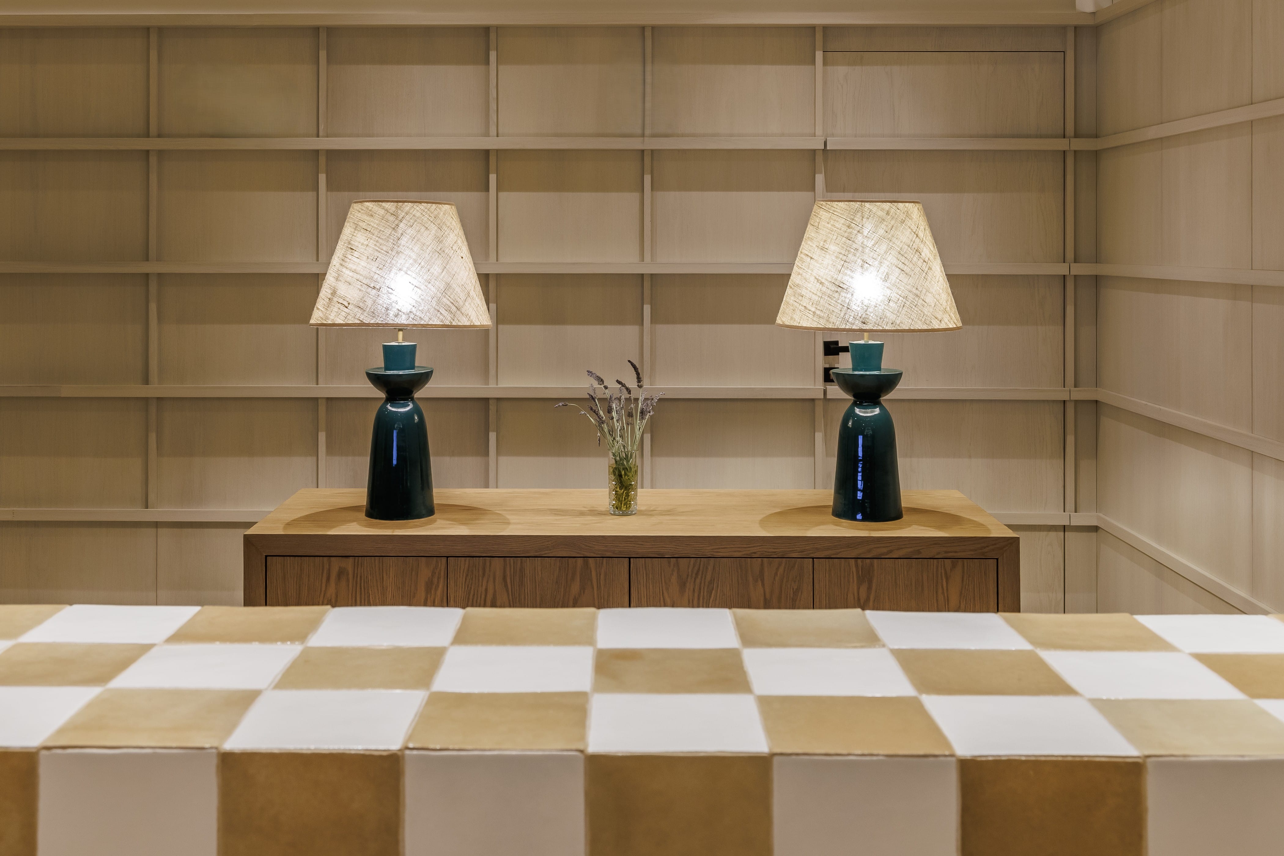 a table with lamps on it