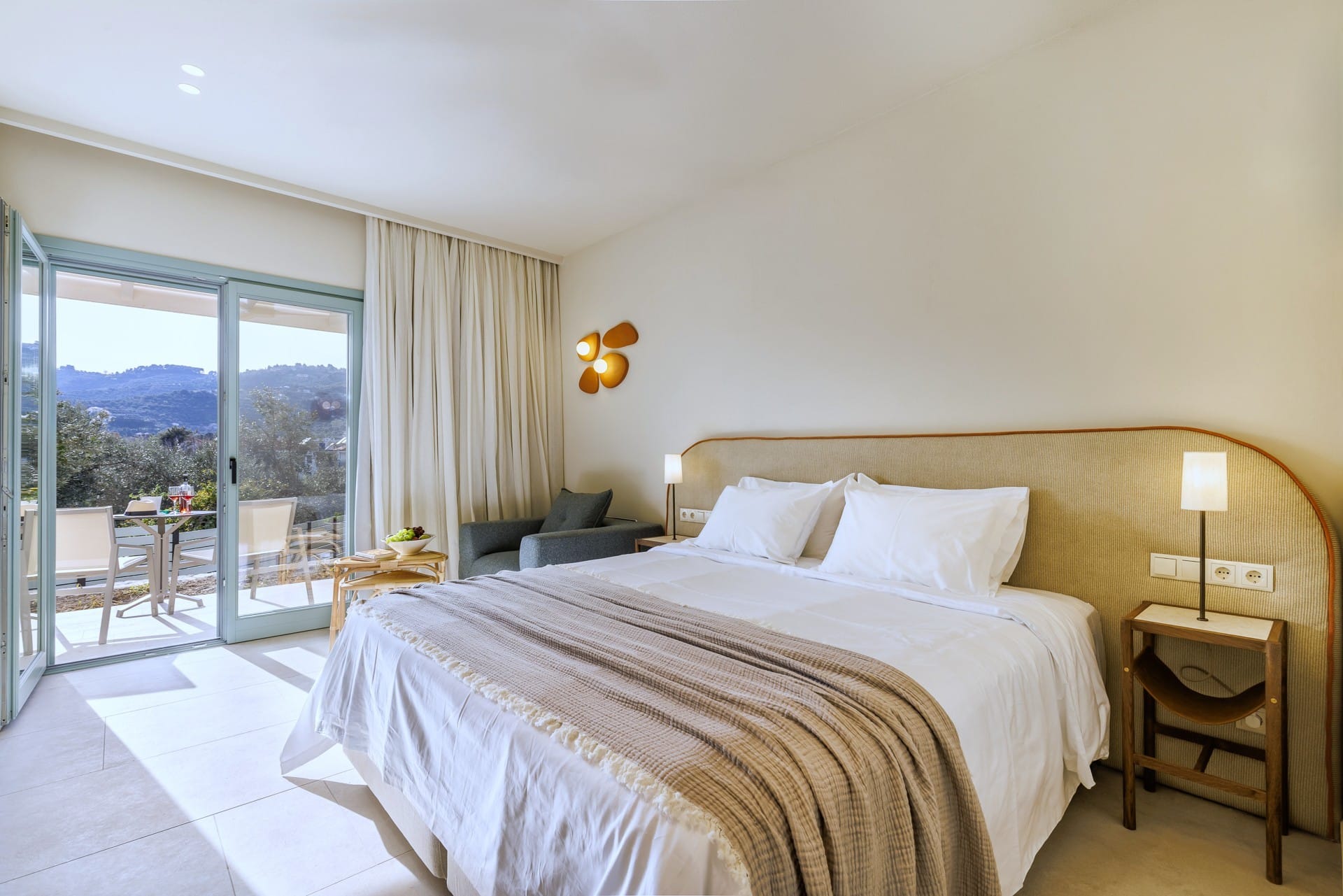 a hotel room with a large bed