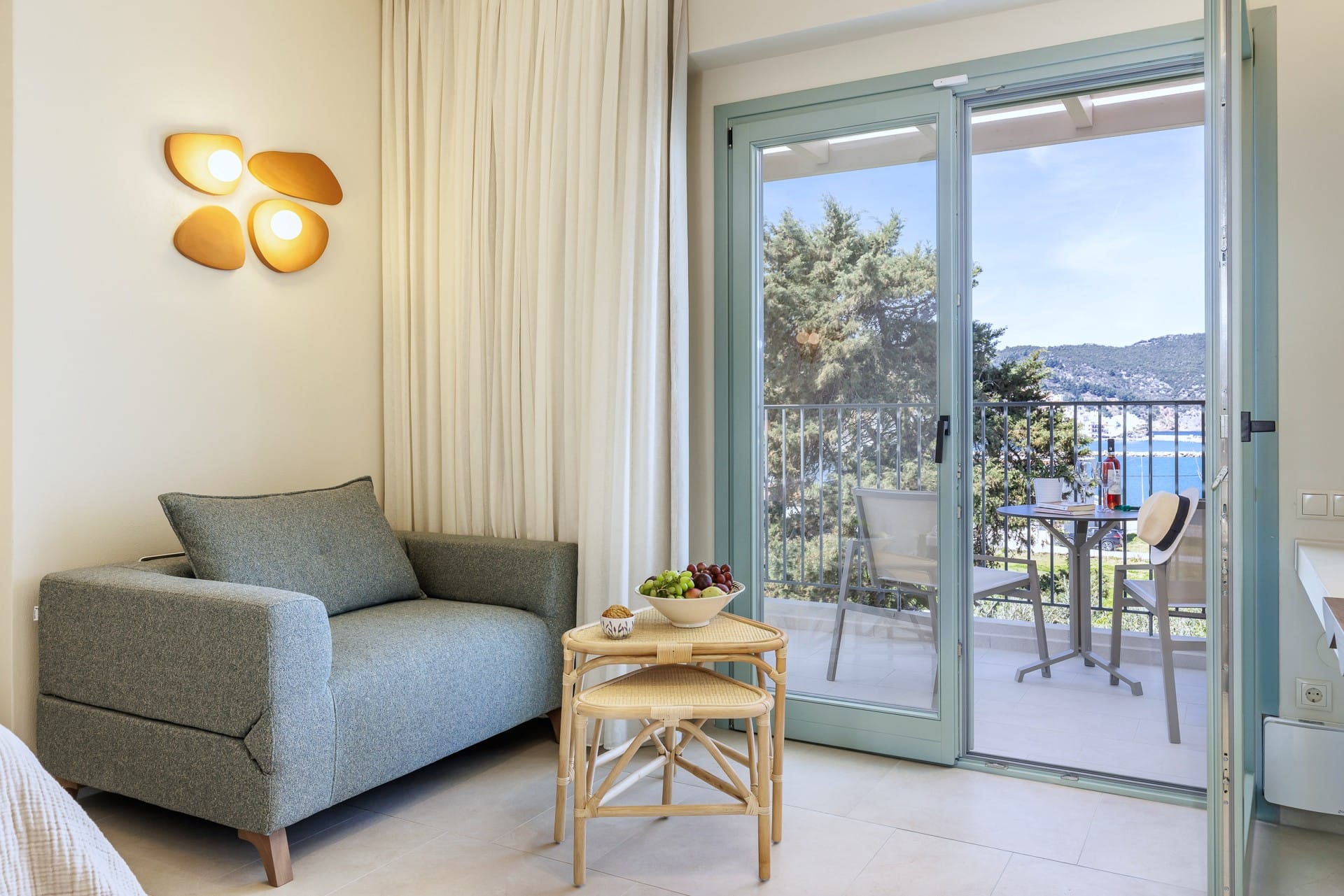 a living room with a large glass door