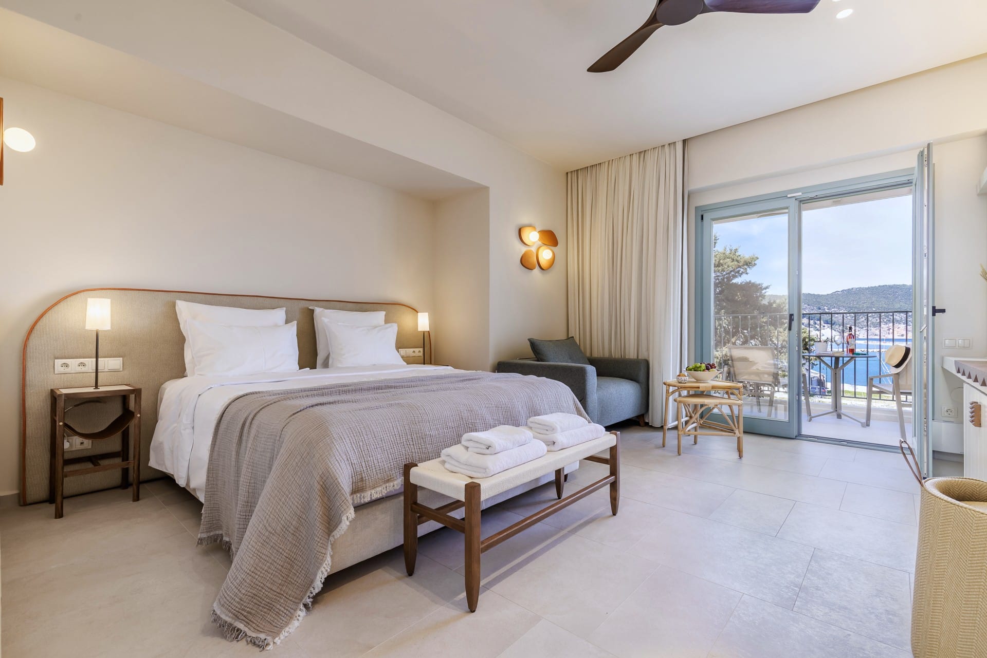 a bedroom with a large window