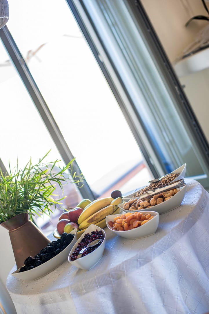 a table with food and a plant