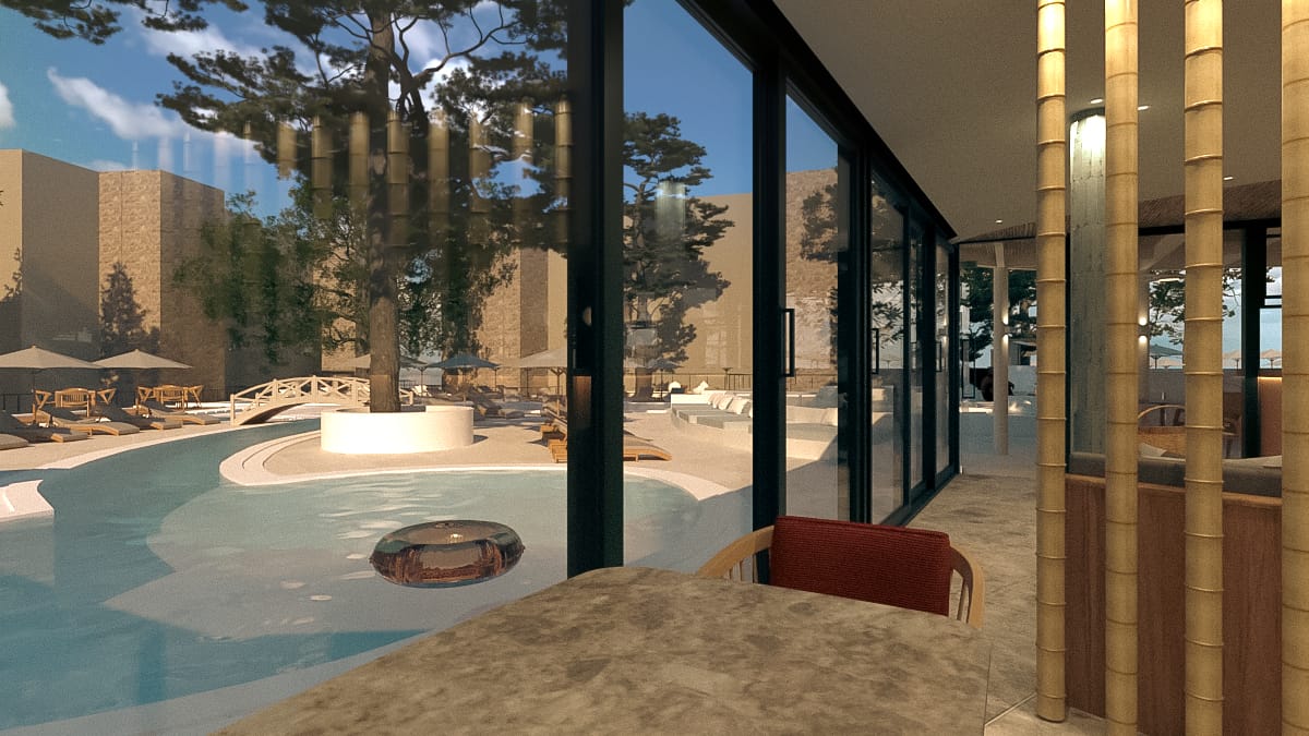 a room with a pool and a couch