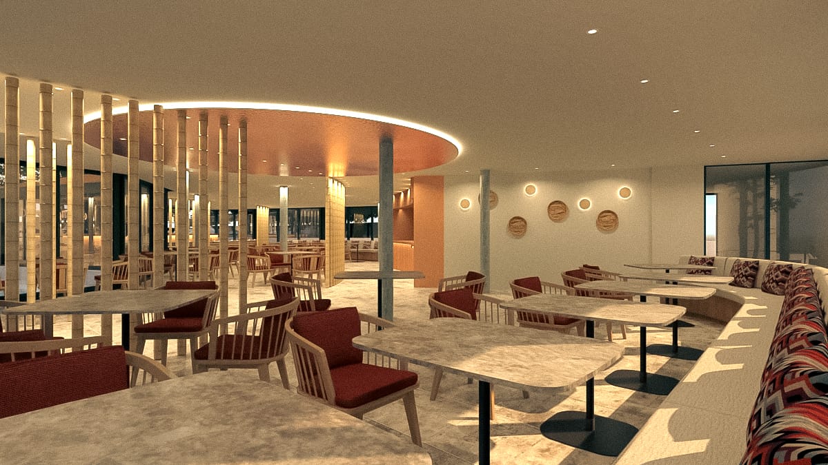 a room with tables and chairs