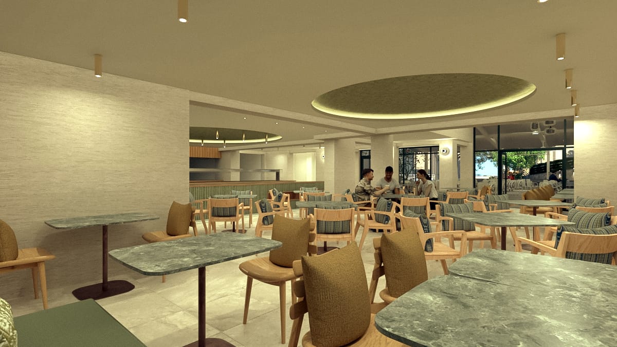 a room with tables and chairs