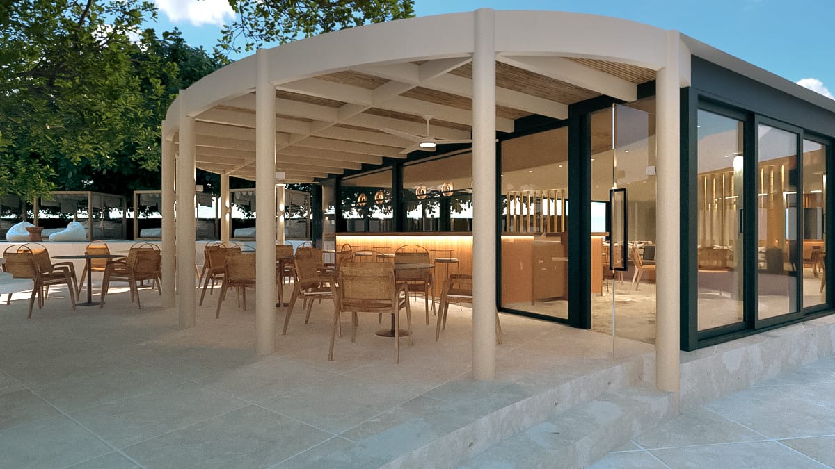 a patio with tables and chairs