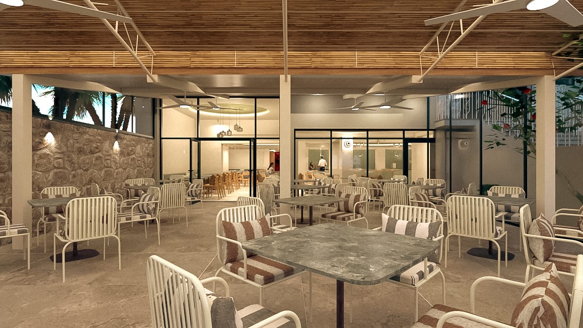 a room with tables and chairs