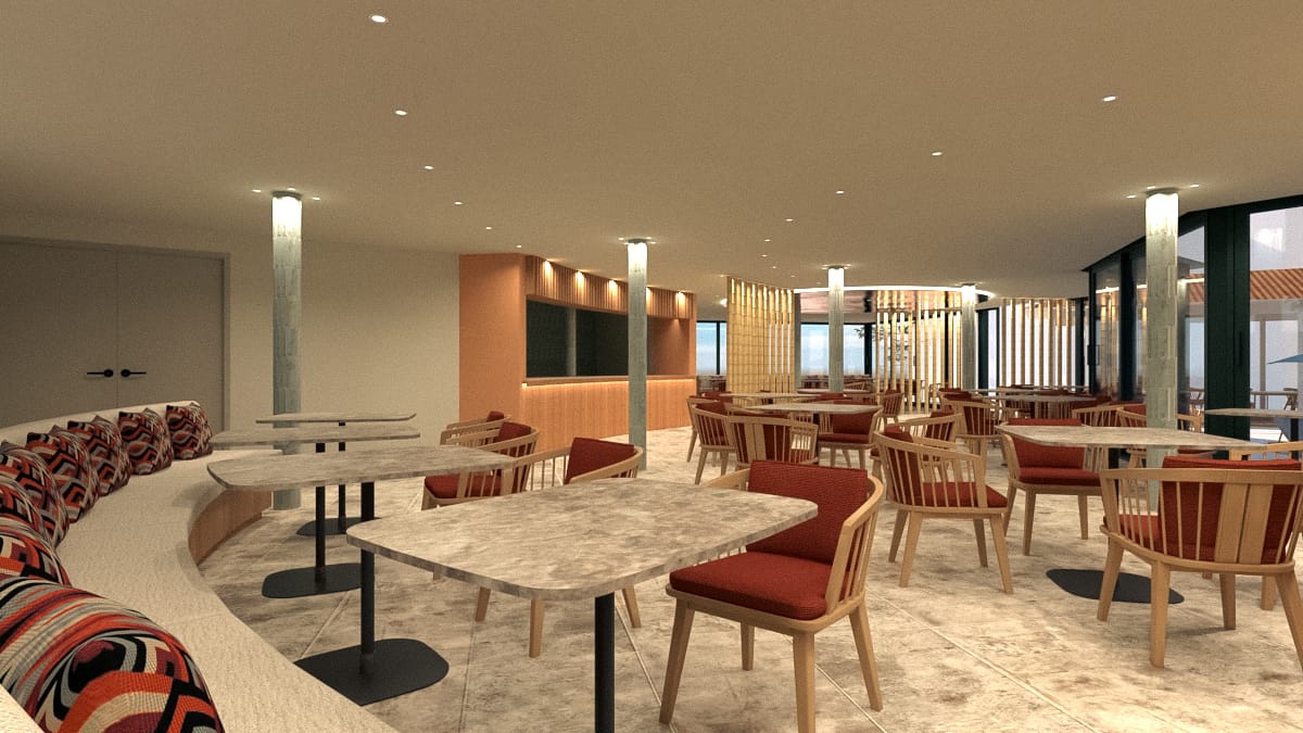 a room with tables and chairs