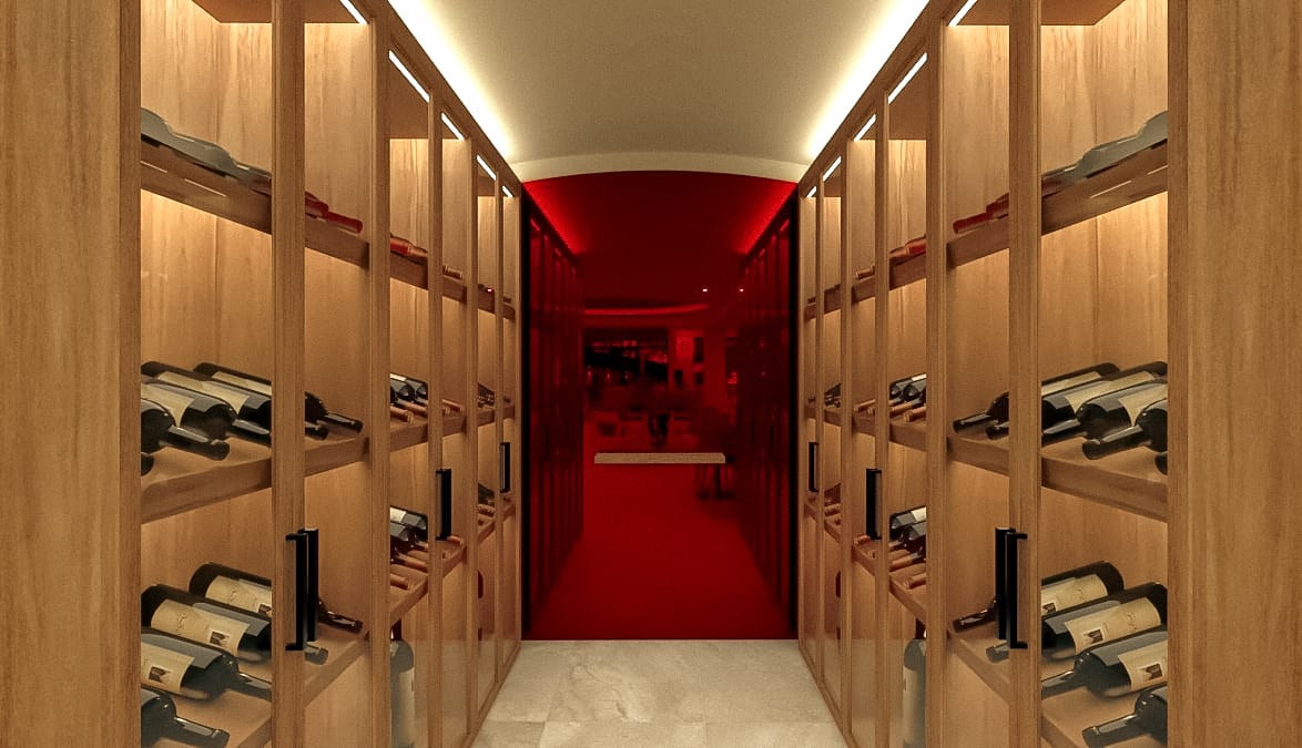 a room with shelves and a door