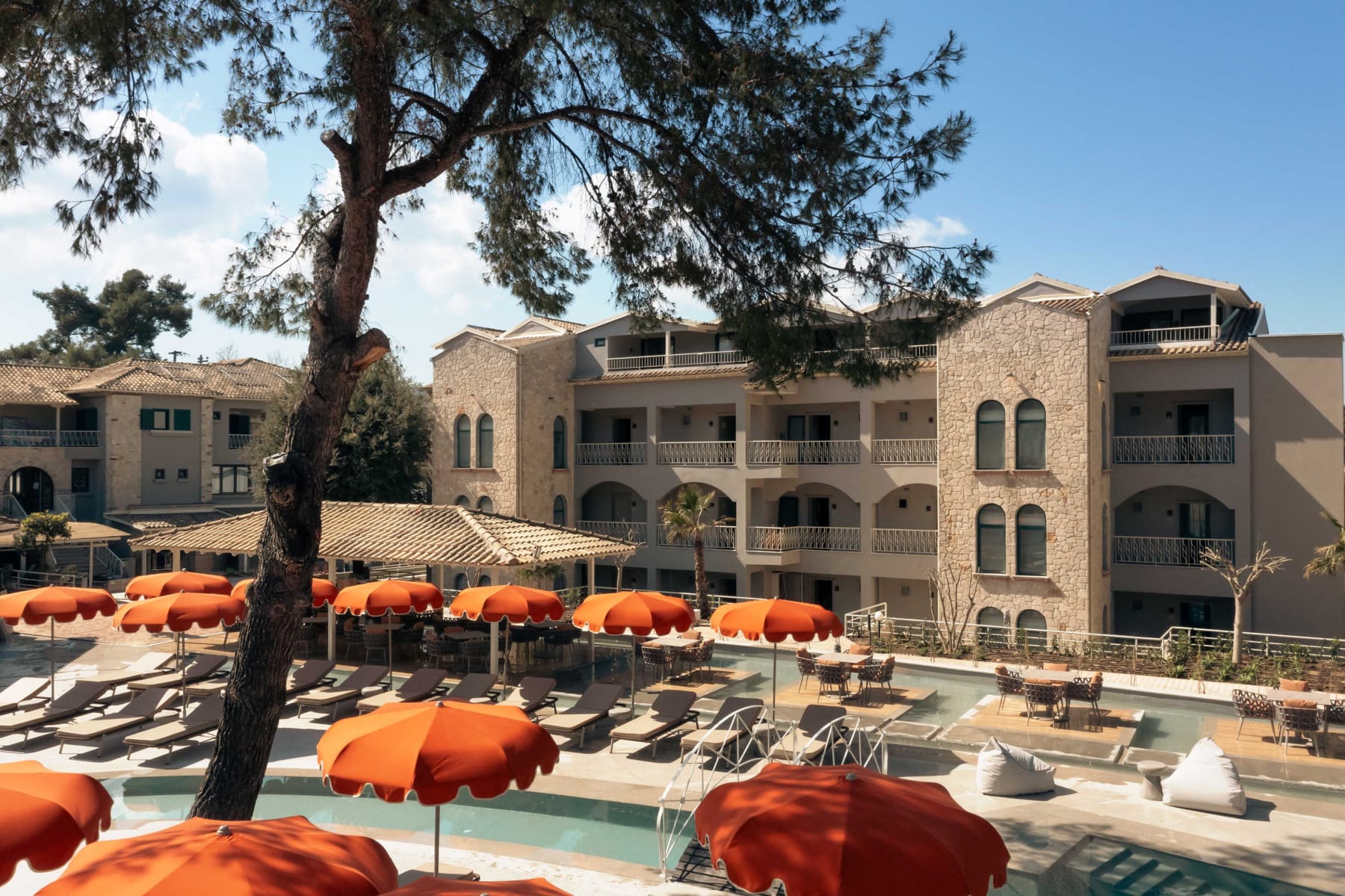 a group of orange umbrellas