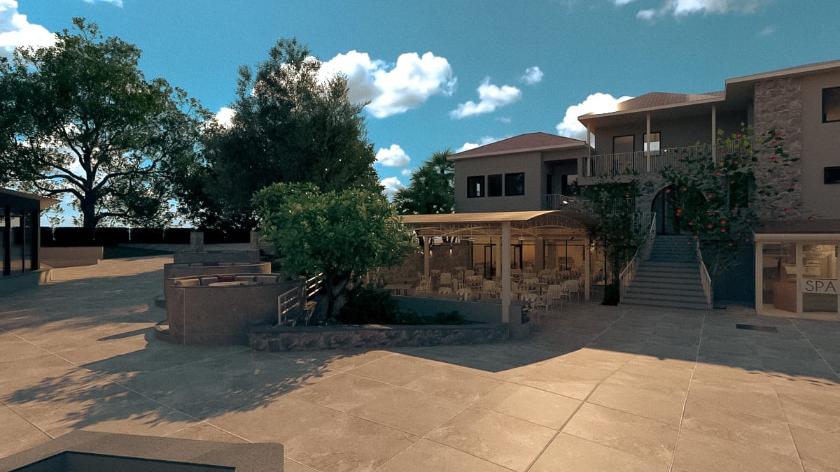 a courtyard with trees and buildings