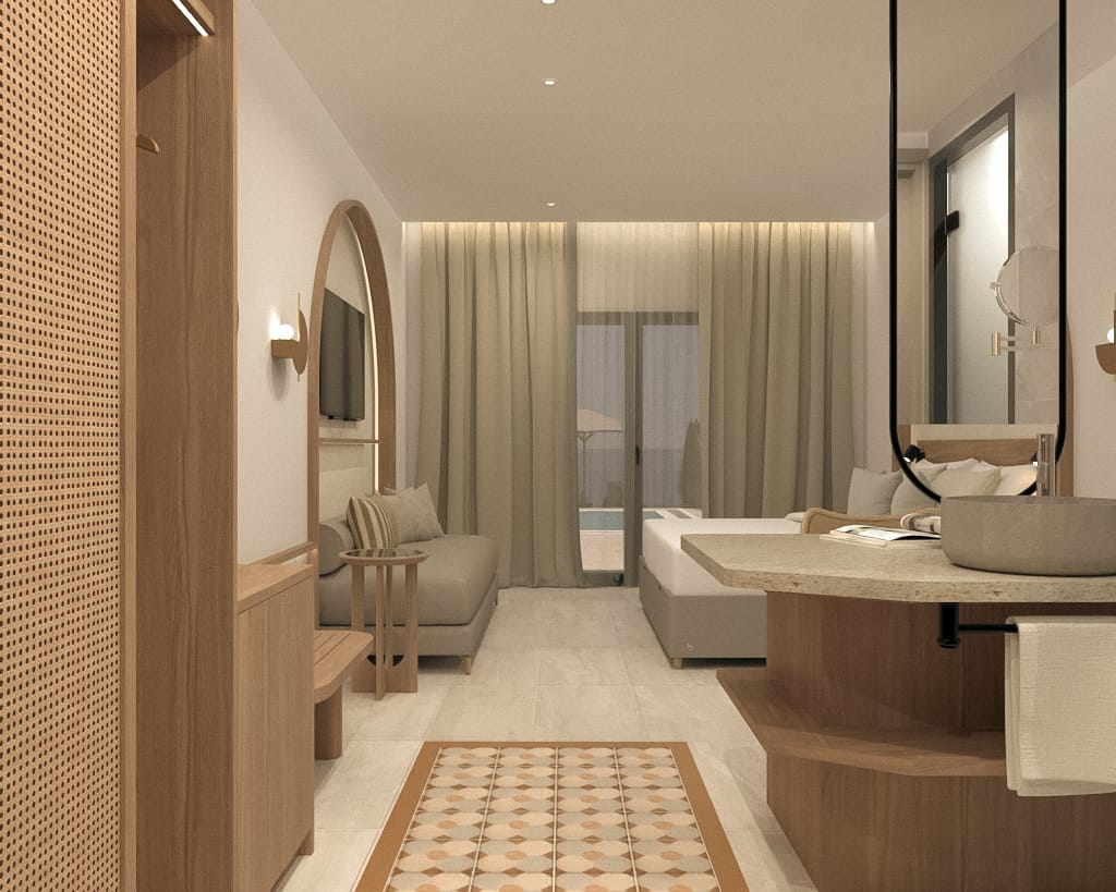 a bathroom with a large mirror