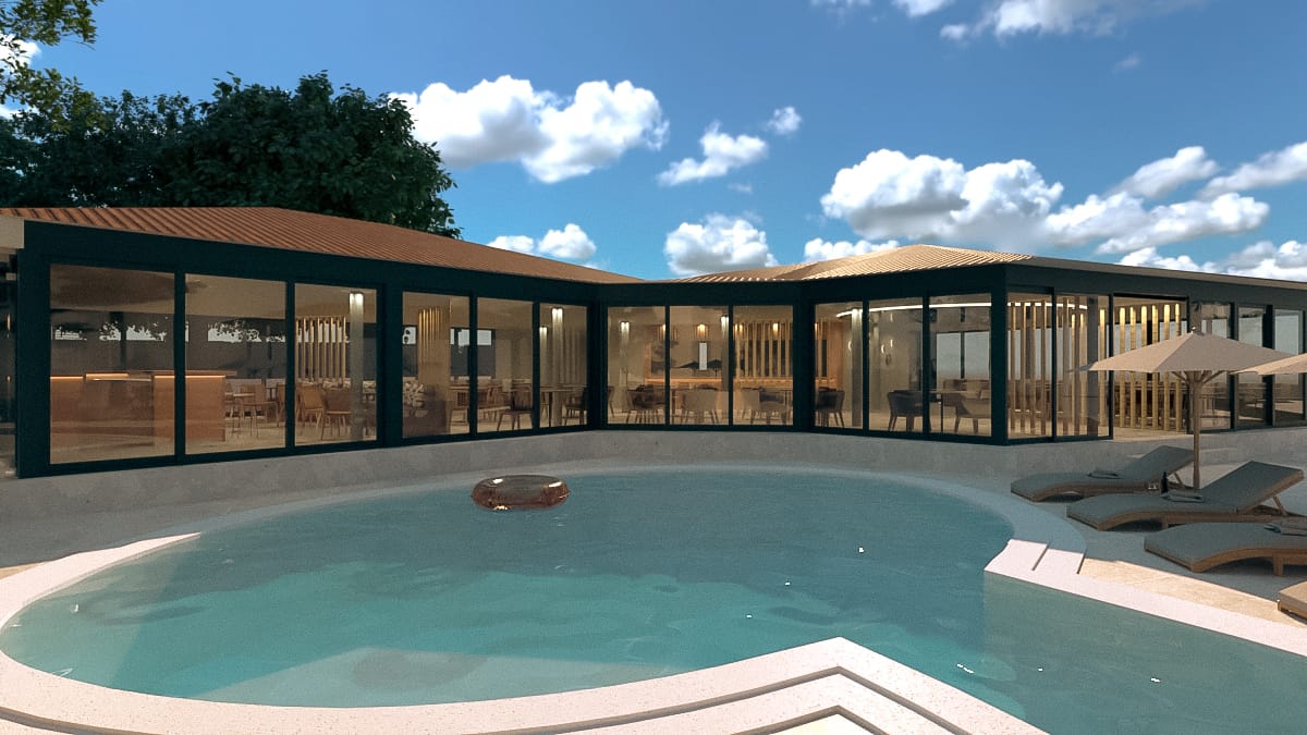 a swimming pool outside of a building