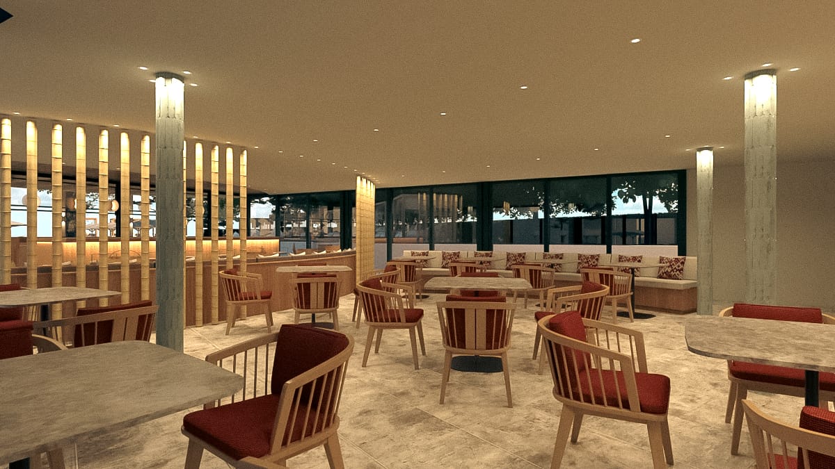 a room with tables and chairs