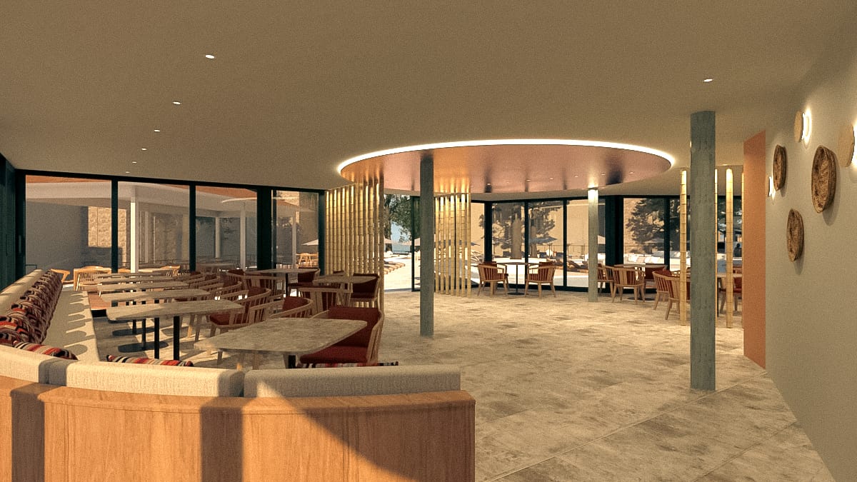 a room with tables and chairs