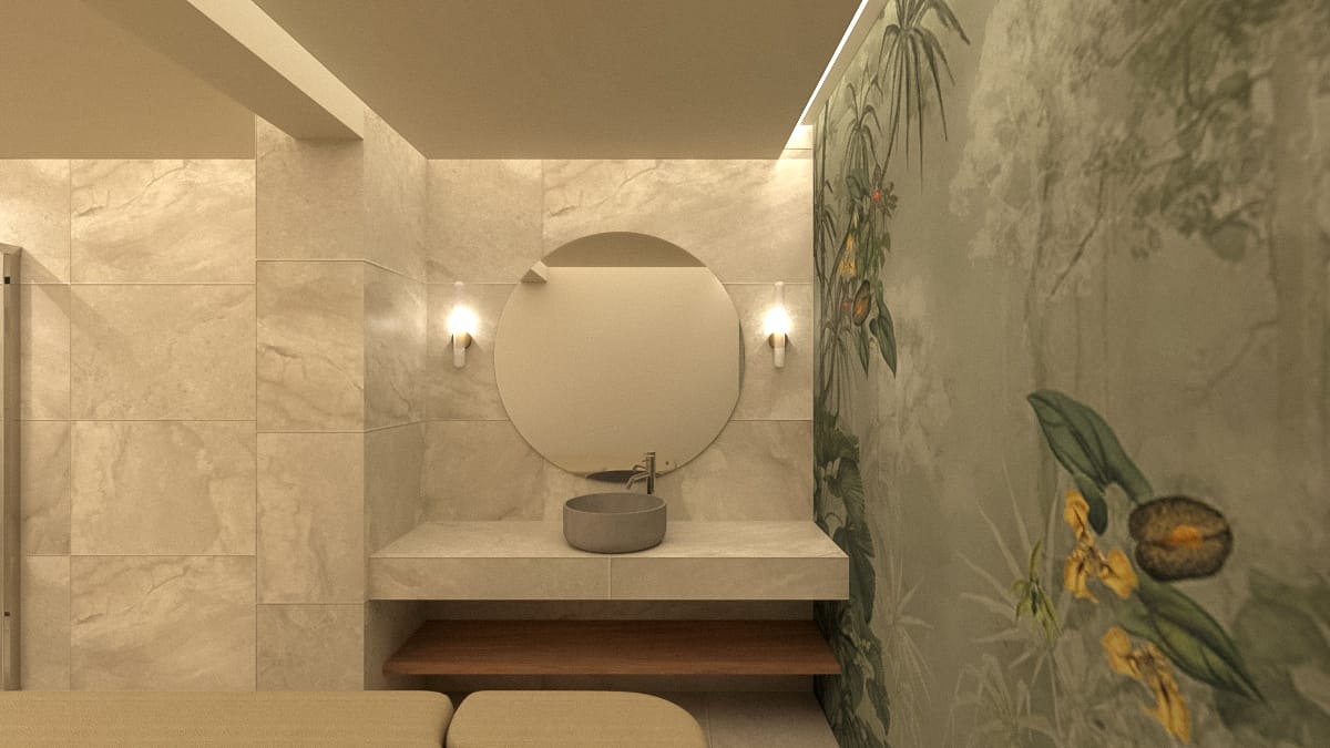 a bathroom with a toilet and a plant
