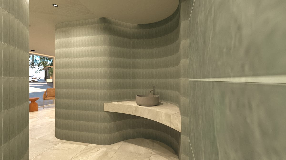 a room with a fireplace and a pot on the counter