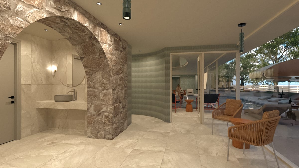 a room with a large rock wall