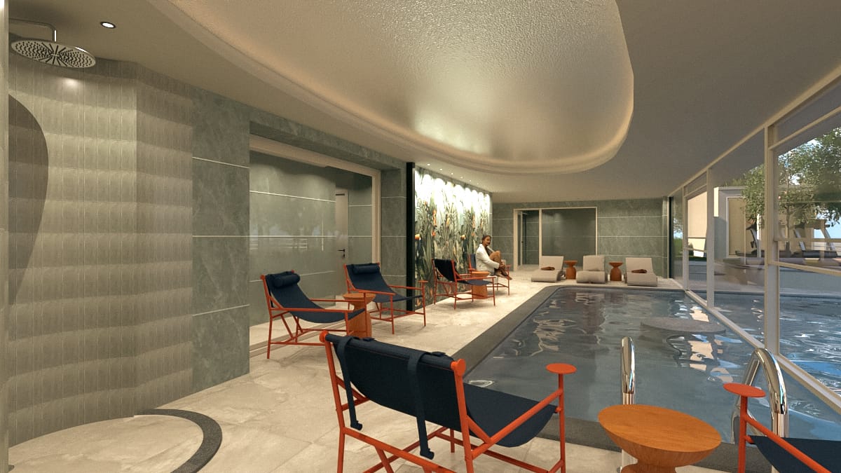 a room with a table and chairs