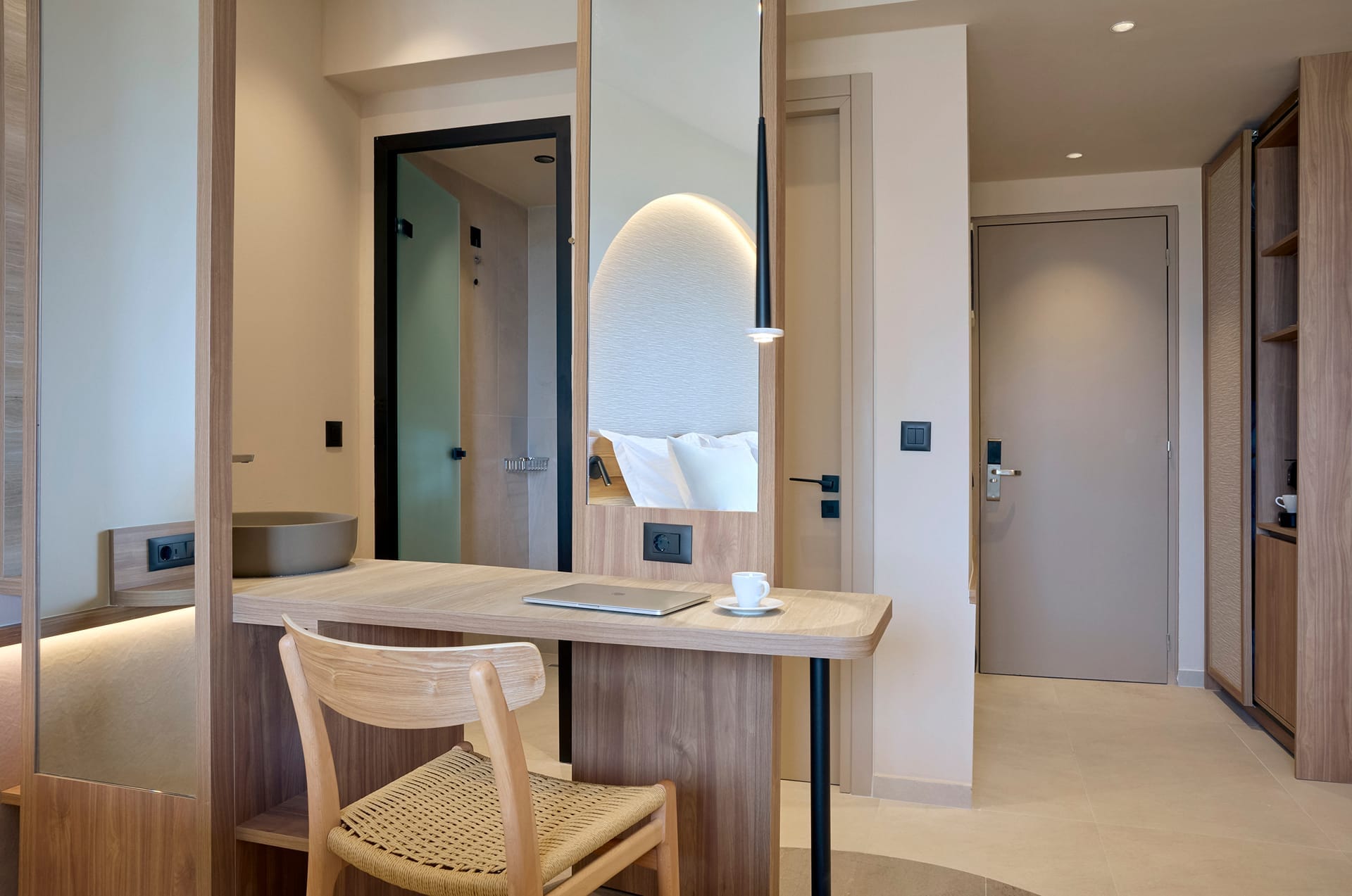 a room with a table and chairs