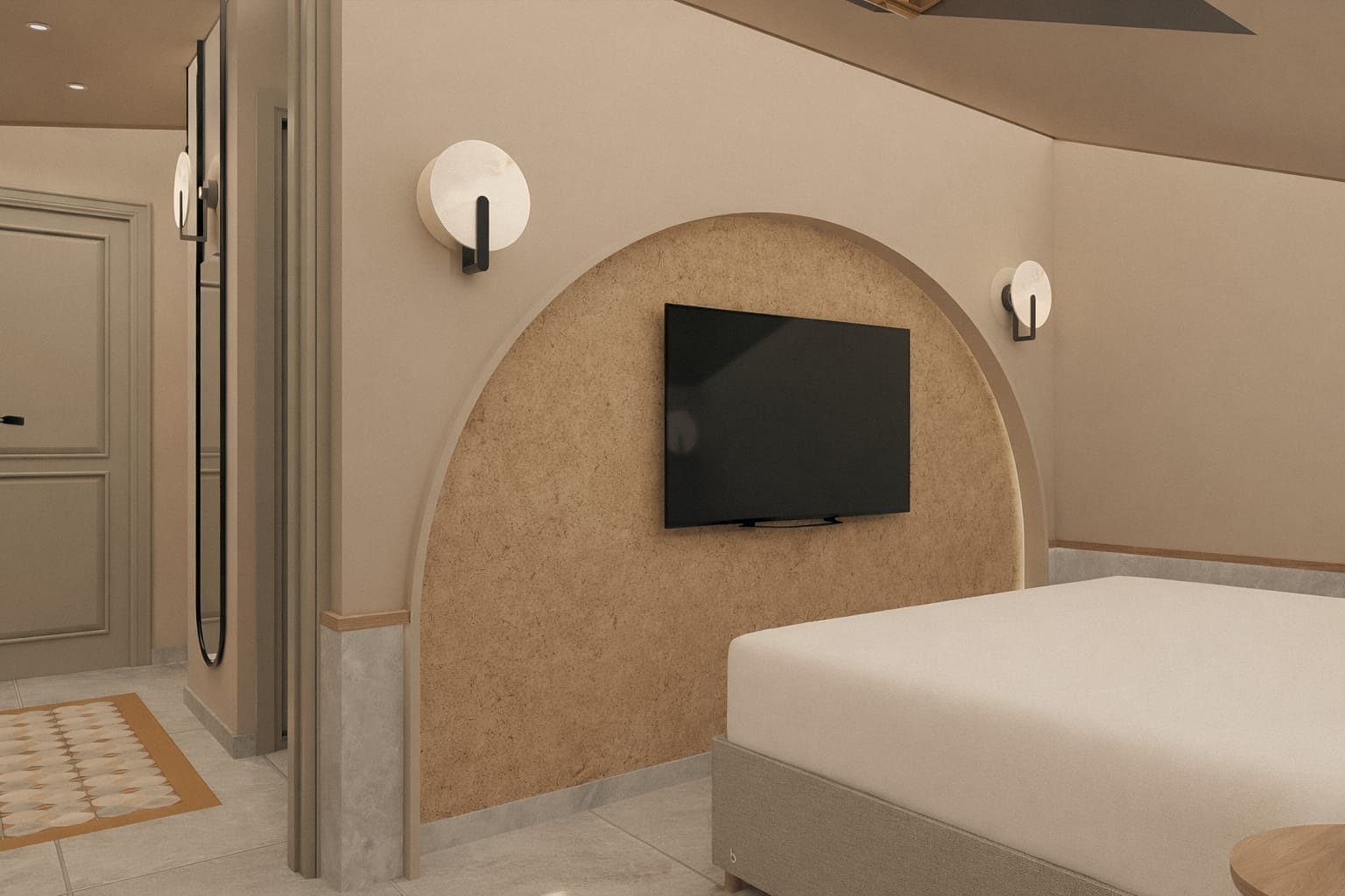 a room with a tv and a bed