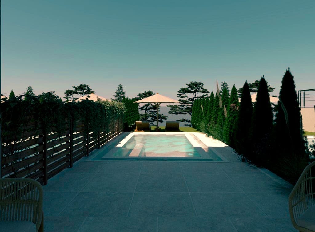 a swimming pool with trees around it