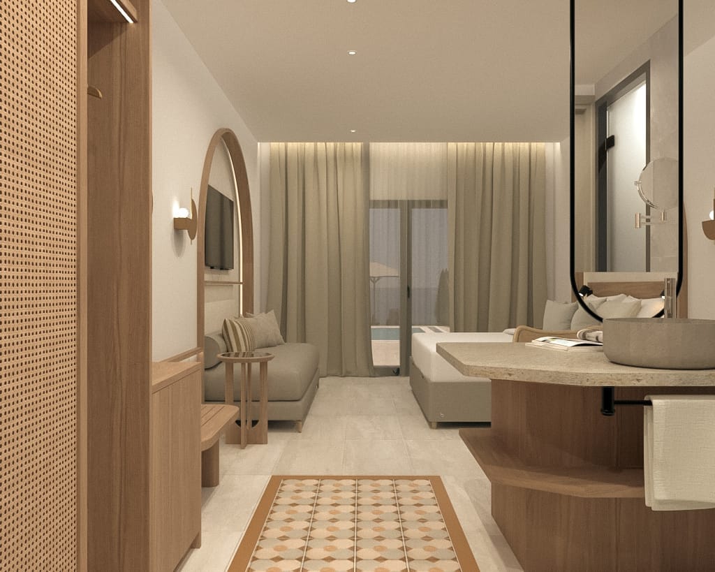 a bathroom with a large mirror