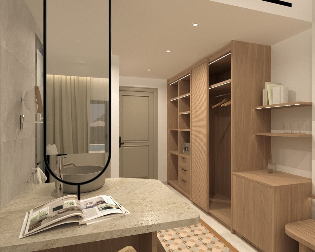 a room with a mirror and bookshelves