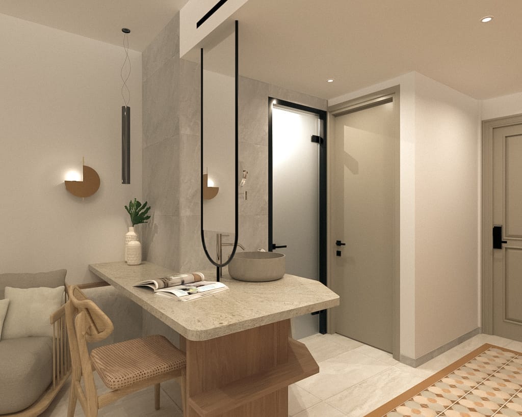 a bathroom with a large mirror