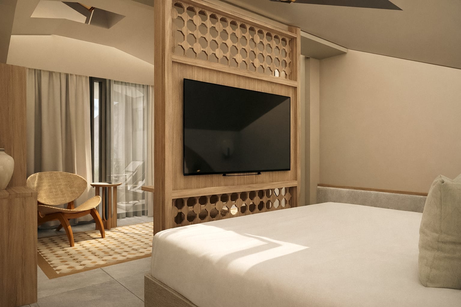 a room with a tv and a bed