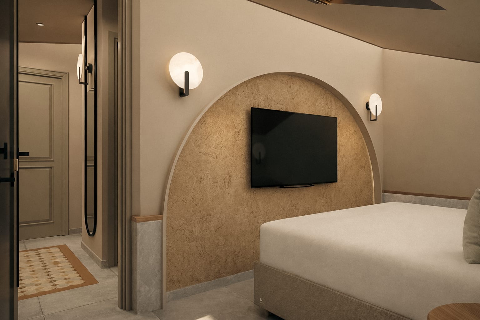 a room with a tv and a bed