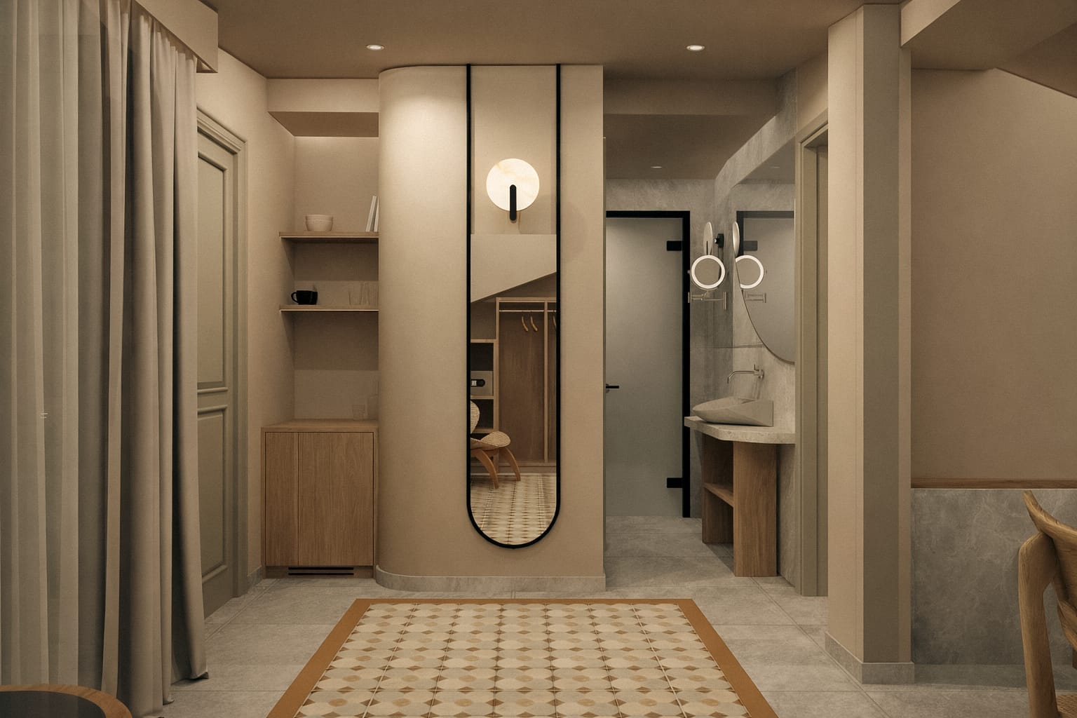 a bathroom with a mirror