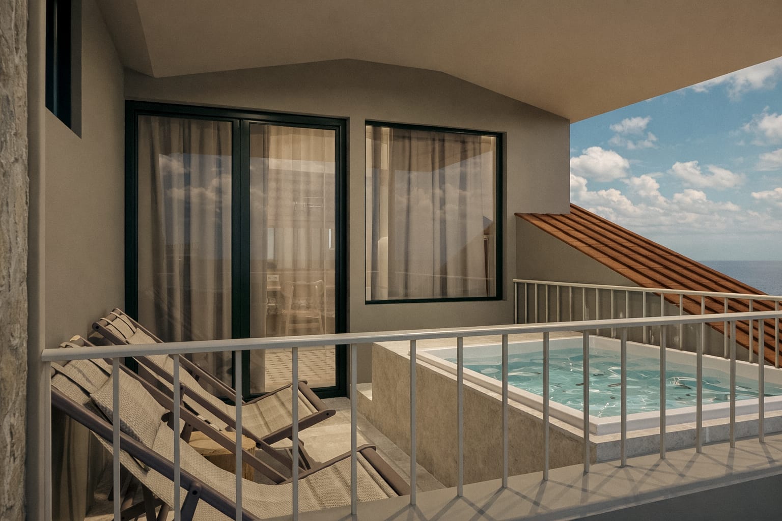 a white staircase with a glass railing