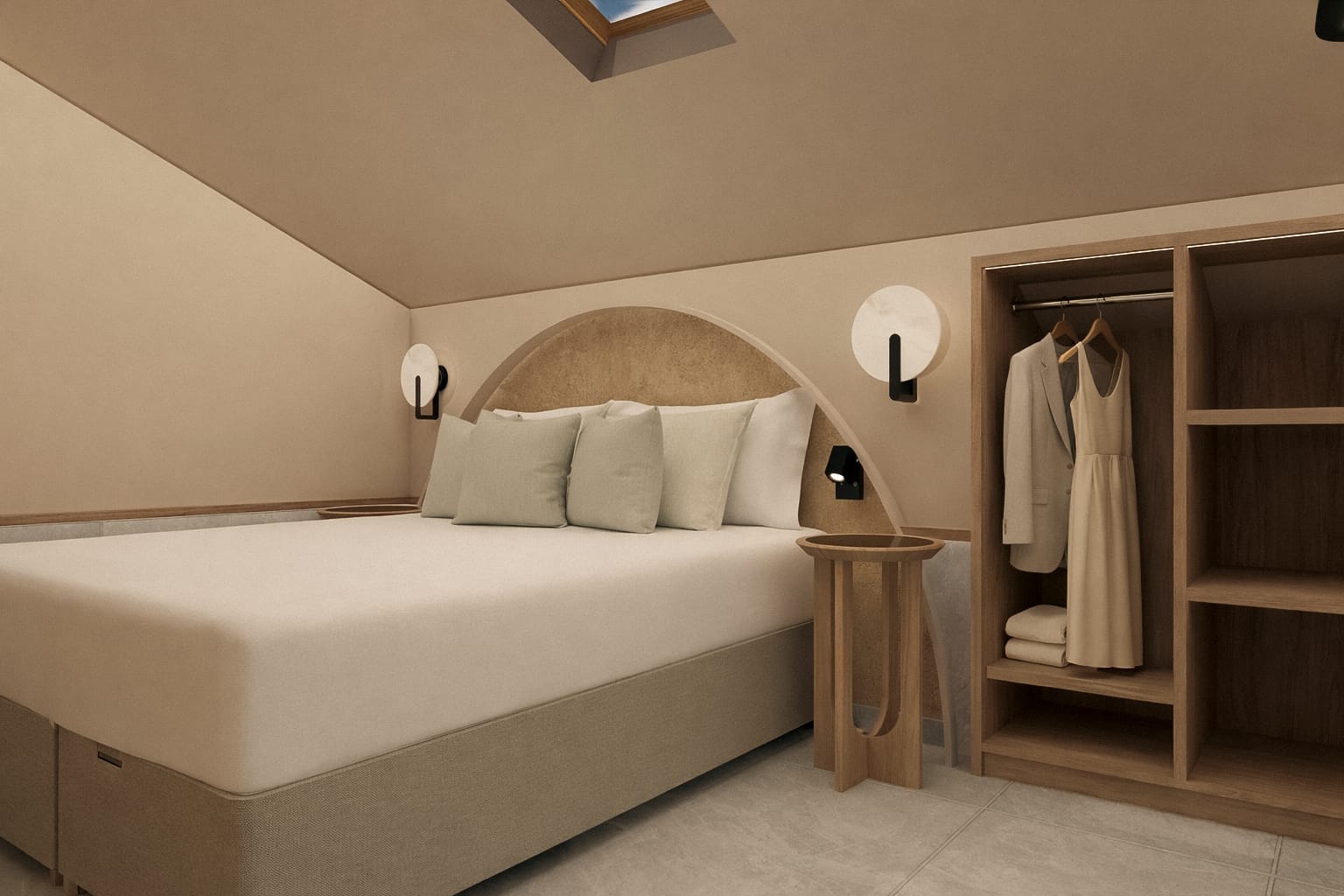 a bed with a white bed and a white shelf