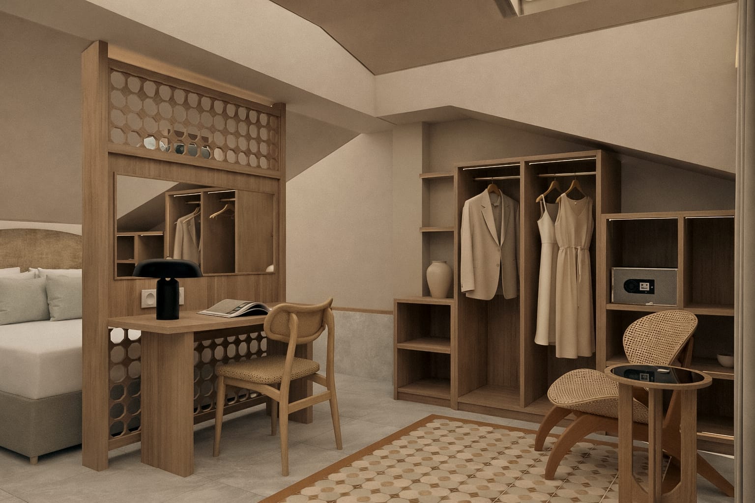 a room with a table and chairs