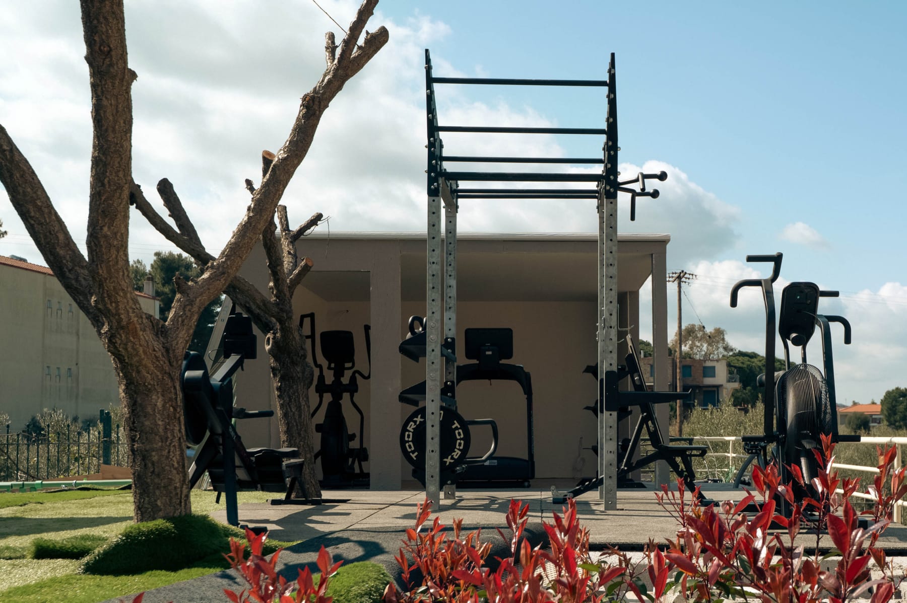 a house with a swing set