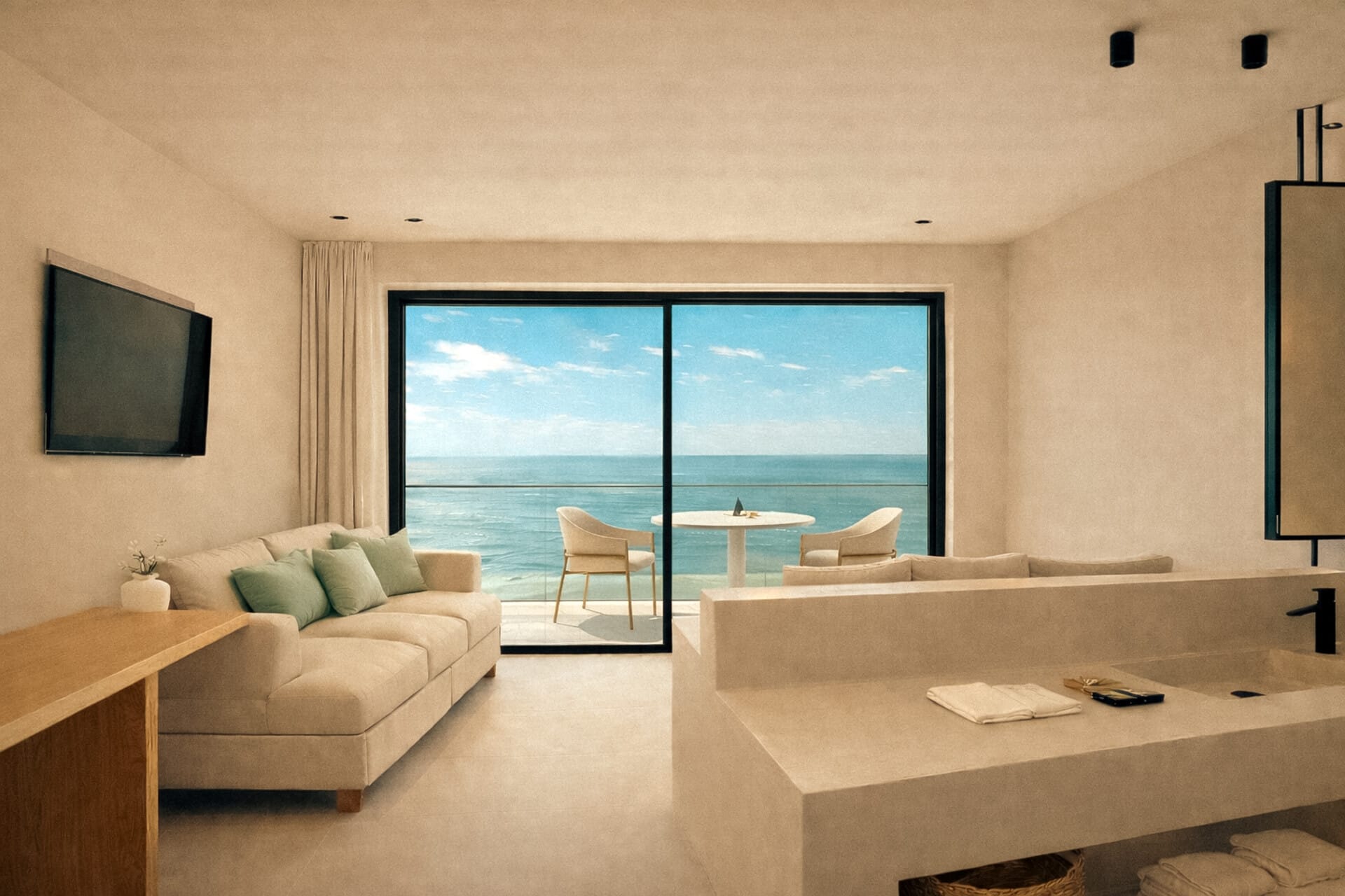 a living room with a large window