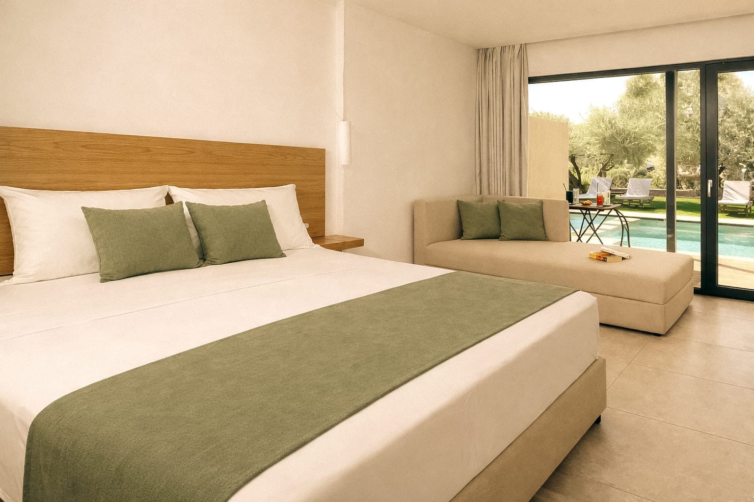 a hotel room with a large bed