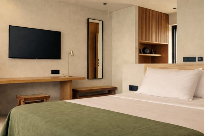 a room with a bed and a tv