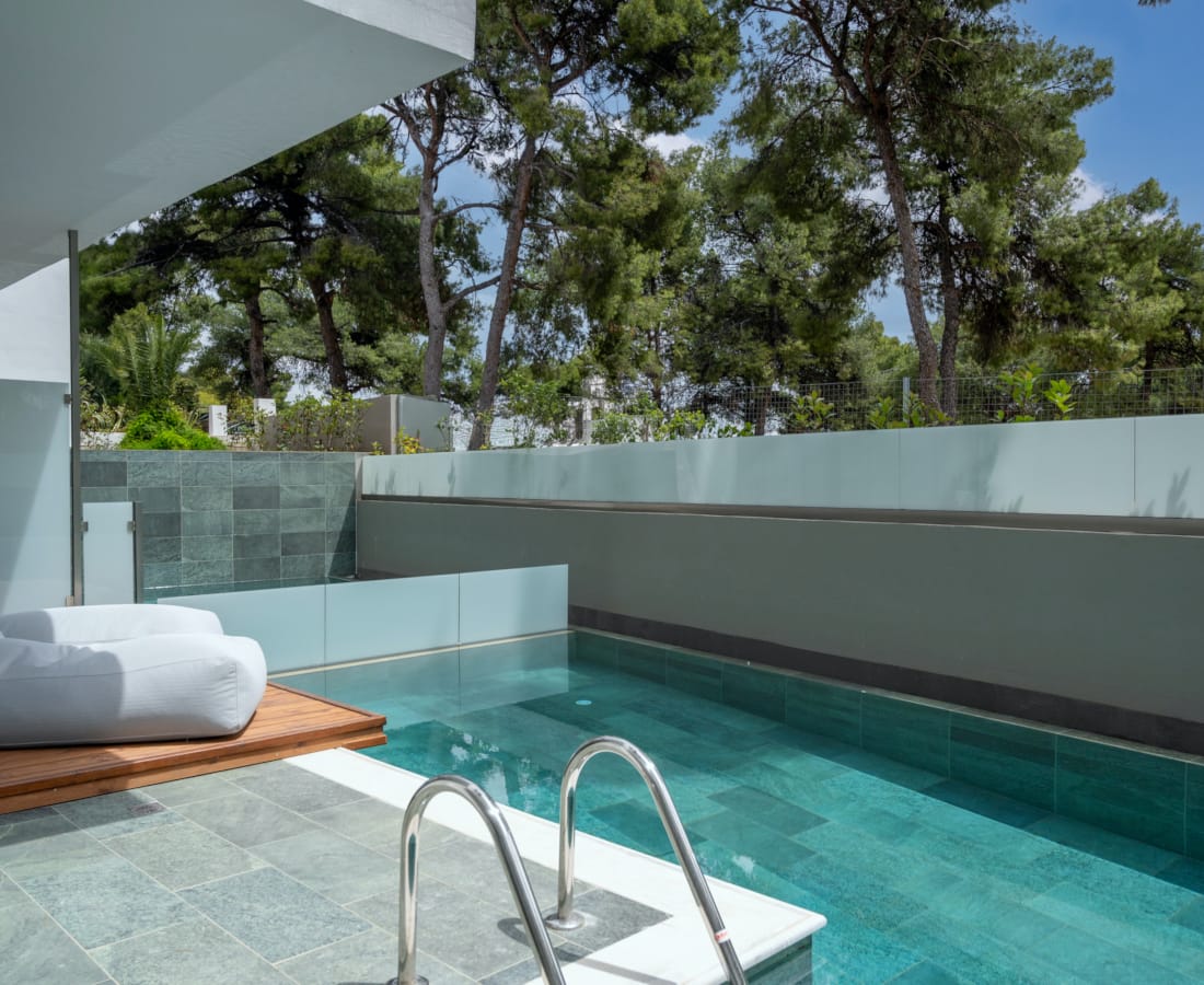 a pool with a deck and trees