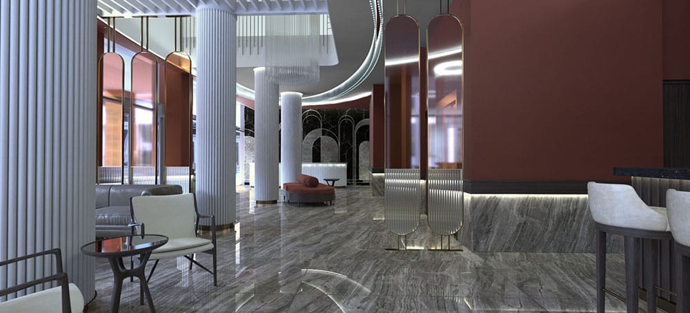 a room with white chairs and a table