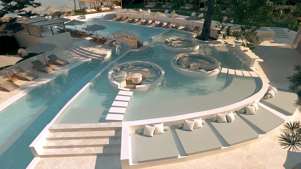 a pool with a deck and chairs