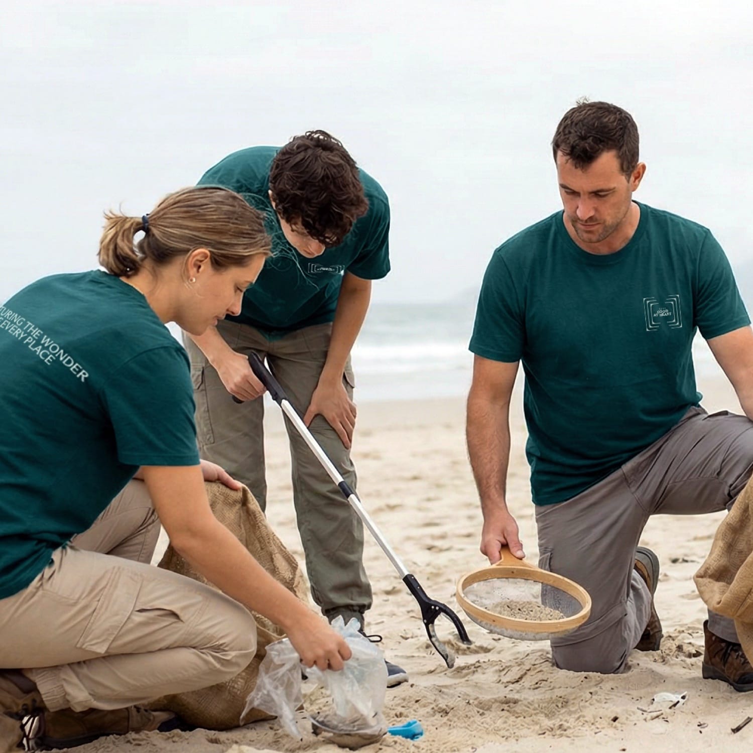 a group of people digging in the sand