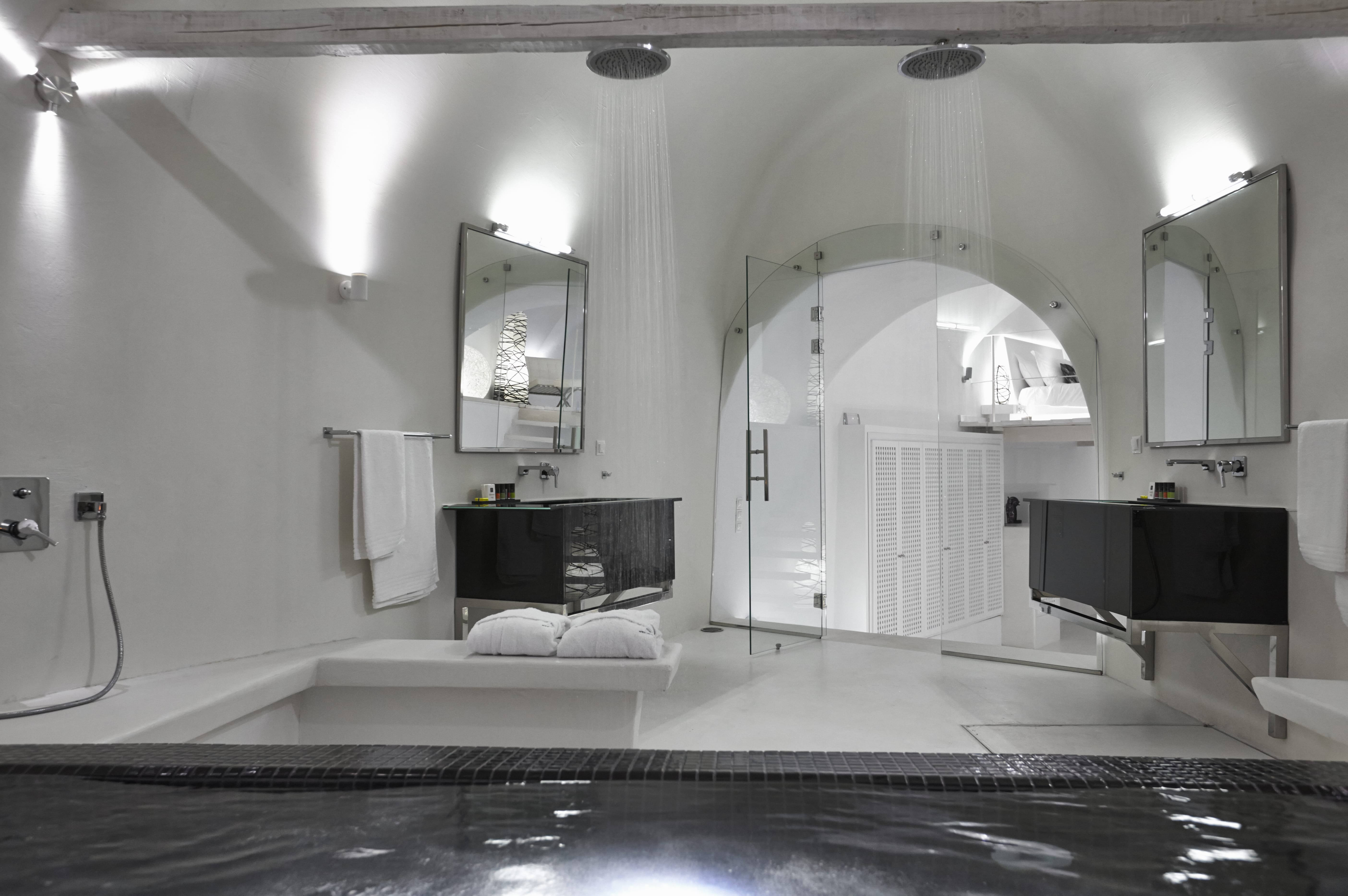 a bathroom with a large mirror